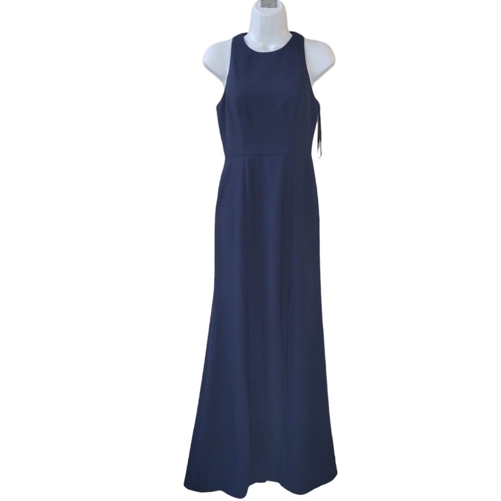 DESSY COLLECTION Midnight Navy Diamond Cutout Back Trumpet Gown 3029 Size 0